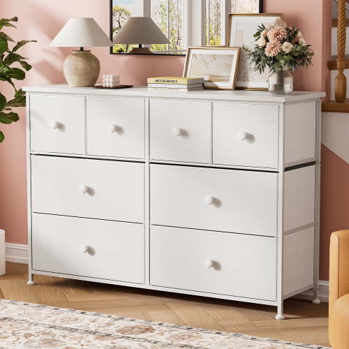 GUNAITO 8 Drawer Dersser Chest of Drawers with Leather for Living Room, Bedroom Fabric Drawer for Storage Dressers for Adults and Kids White