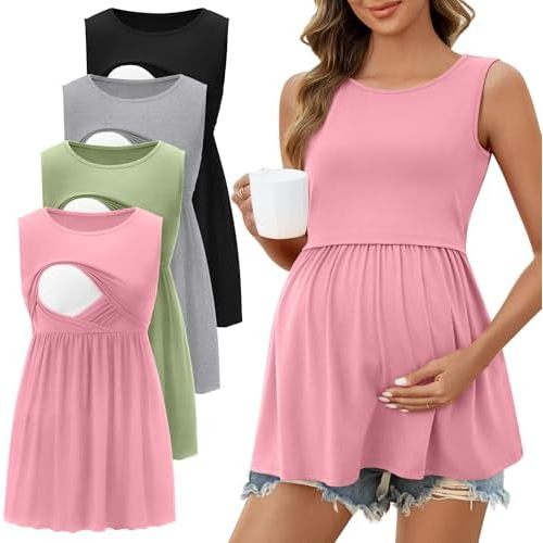 Ficerd 4 Pack Women's Maternity Nursing Tank Tops Cotton Round Neck Sleeveless Breastfeeding Shirts Pregnancy Clothes