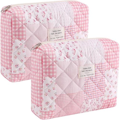 uekeboag 2Pcs Quilted Cotton Makeup Bag, Coquette Cosmetic Bag(12Pink)