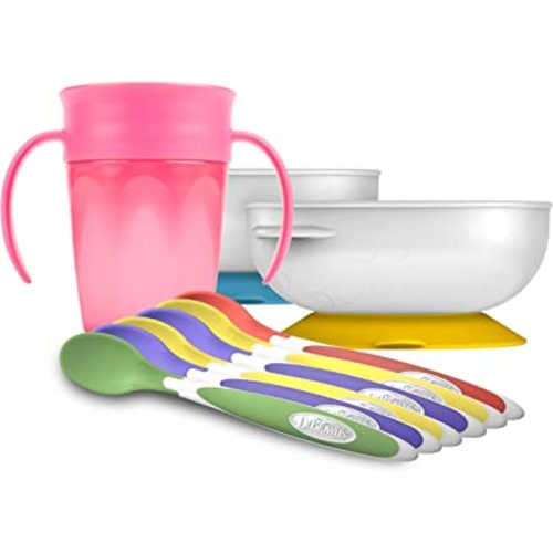 Dr. Brown's Soft-Tip Toddler Feeding Spoons, 6 Pack, No-Slip Suction Bowl, 2 Pack and Milestones™ Cheers360™ Training Sippy Cup with Handles, Pink, 7oz, 6m+