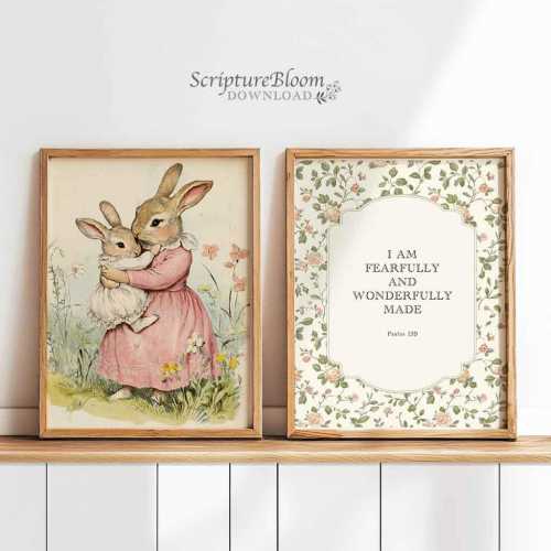I Am Fearfully and Wonderfully Made Print, Psalm 139 Scripture Nursery Wall Art, Bunny Mom and Baby Nursery Art Print, Storytelling Nursery