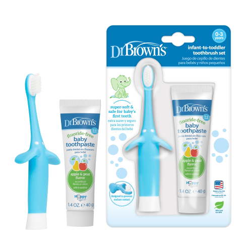 Dr. Brown's First Toothpaste & Brush Set, Infant-to-Toddler, Blue, Fluoride-Free Apple Pear, 0-3Y