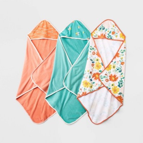 Baby Girls' 3pk Floral Meadow Hooded Towel - Cloud Island™, Color: Aqua Green.