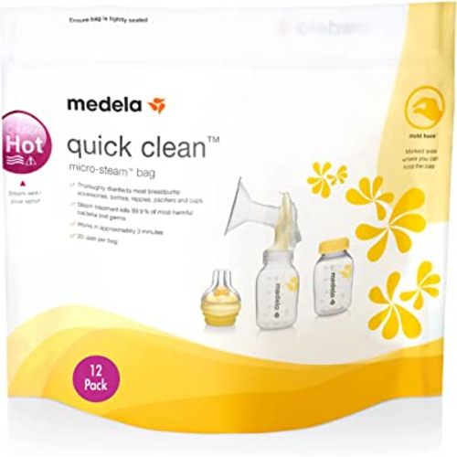 Medela Quick Clean MicroSteam Bags, Sterilizing Bags for Bottles Breast Pump Parts Eliminates 99.9 of Common Bacteria Germs Disinfects Most Breastpump Accessories, Yellow, 12 Pack