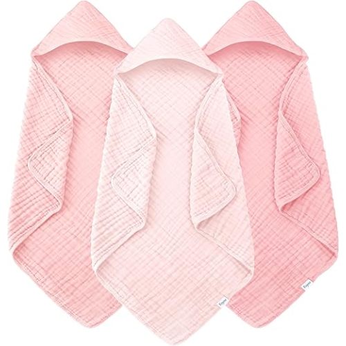 Muslin Hooded Baby Bath Towels - 3 Pack 100% Cotton Ultra-Soft Towels for Newborns, Infants, Toddlers - 32x32 Inch - Highly Absorbent, Quick-Dry Essentials for Bath Time, Beach, Pool, Pink Series