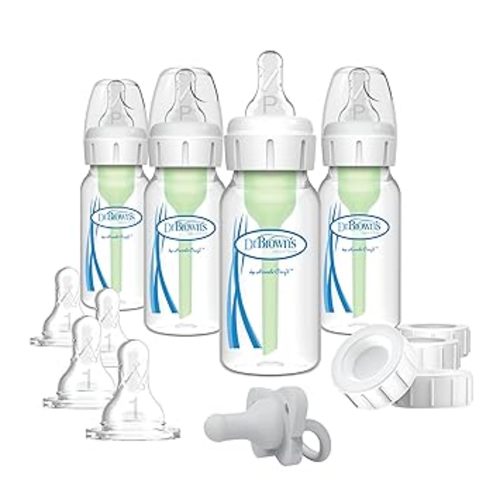 Dr. Brown's Anti-Colic Breast to Bottle Feeding Set with Slow Flow Nipples, Travel Caps, and Silicone Pacifier - Gray