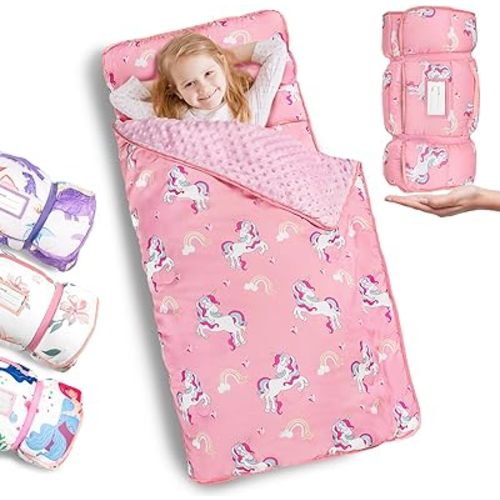 Primlect Thickened Toddler Nap Mat with Removable Pillow and Minky Blanket, Extra Large 55''x35'' Sleeping Bag, Washable, Roll up, Perfect for Daycare, Preschool, Kindergarten, Boys and Girls Pink