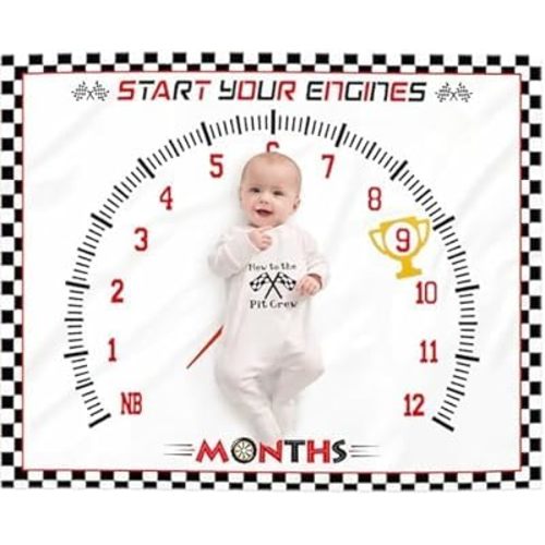Racing Car Baby Monthly Milestone Blanket for Boy Little Monthly Growth Chart Sports Nursery Blanket 1 to 12 Months Photography Backdrop Prop for Newborn Baby Boy Soft Plush Fleece