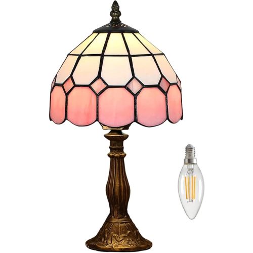 Table Lamp Tiffany-Style 8 Inch Mediterranean Series Stained Glass Lampshades Small Bedside Lamp Reading Antique Desk Light Livingroom Bedroom Office Vintage Art De(Color:Pink)