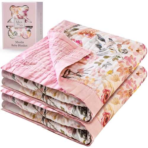 Baby girl 100% soft muslin cotton Quilt blanket, Large 47x43 inch pink, floral, watercolor, boho chic girl blanket