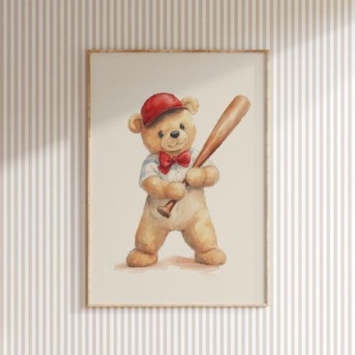 Nursery Teddy Bear Baseball Print, Kids Room Wall Decor, Sports Children Room Wall Art, Toddler Animal Artwork, Baby Room Art Wall Art, Modern Wall Decor, 16x24 UNFRAMED