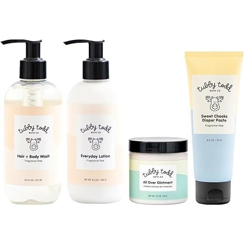 TUBBY TODD Baby Bath & Skincare Kit - The Baby Bundle - Baby Shampoo and Body Wash, Everyday Lotion 8.5 Oz, All Over Ointment 3.5 Oz & Diaper Paste Cream 4 Oz Gift Set - Fragrance-Free