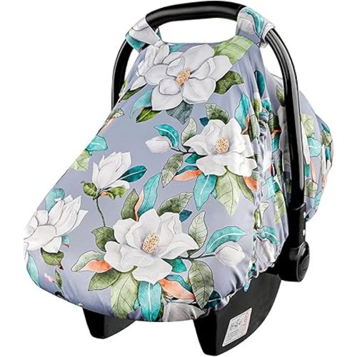 SWESEN Baby Car Seat Cover, Flower Carseat Cover Girls, Cozy Sun & Summer Cover, Stretchy Newborn Carseat Canopy with Zipper and Mesh