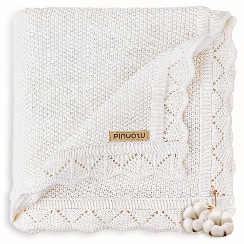 Knitted Baby Blanket for Boys & Girls, 100% Cotton Receiving Swaddle Crib & Stroller Blanket for Newborns, Infants, Toddlers, Milk White, 40 x 31 Inches