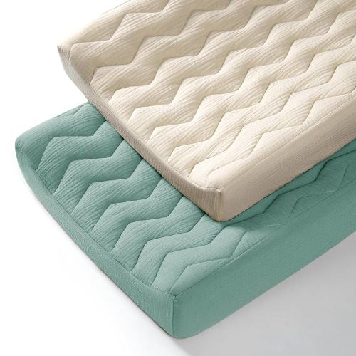 lulumoon Muslin Changing Pad Cover: Baby Cotton Quilted Changing Table Cover - Soft Changing Pad Sheets for Boys Girls (Roman Green & Cream)