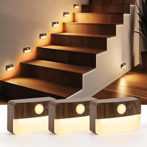 Guankai 3 Pack Motion Sensor Stair Light for Indoor, Battery Operated Closet Lights, Wireless Stick on Anywhere Hallway Lamp, Portable Led Night Lamps for Bedroom Under Cabinet Kitchen, Wood Grain