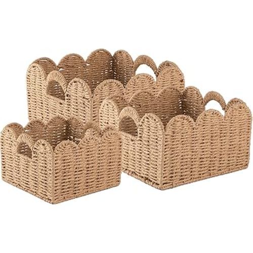 OIAHOMY Scalloped Wicker Baskets, Hand-woven Storage Baskets with Built-in Handles, Paper Rope Shelf Baskets for Organizing and Decoration, Set of 3-Yellow