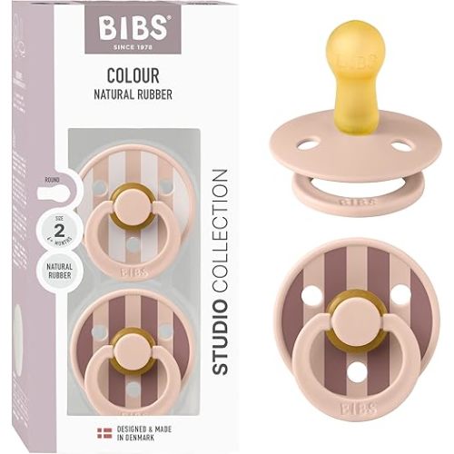 BIBS Pacifiers - Colour Studio 2 Pack | Round Nipple Baby Pacifier | BPA Free Natural Rubber Latex Soother | Made in Denmark | Size 6+ Months | Block Blush