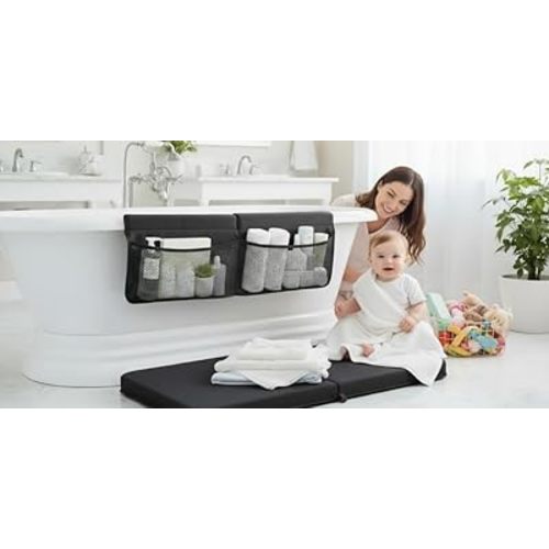 NEW Luxury Bath Kneeling Pad and Elbow Rest Set - THICK SOFT Bath Kneeler Pad and Bath Toys Organizer with Pockets - Supports Knees and Elbows - Bath Kneeling Pad for Baby Bathtime - Dark Grey