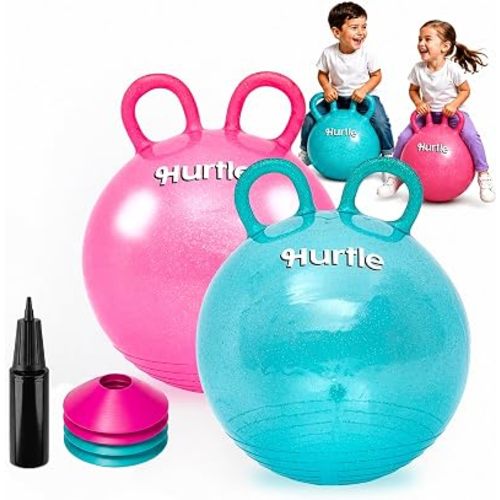 Hurtle Hopper Ball, 18" Glitter Sit On Bouncy Ball for Kids Ages 3-12, Outside Toys Good for Active Play & Balance Training, Also for Indoor Jumping, Includes Air Pump & Activity Cones - 2 Pack