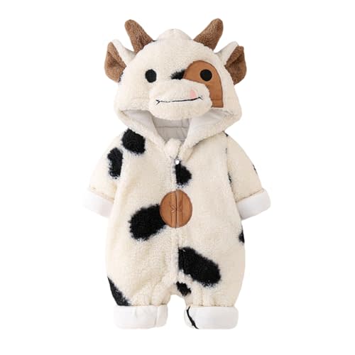 Gureui Newborn Baby Boy Girl Winter Plush Clothes Long Sleeve Zipper Hooded Romper Onesie Toddler Infant Cow Outfit