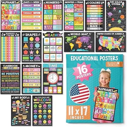 Hadley Designs 16 Educational Posters for Classroom & Kindergarten, Kindergarten Classroom Must Haves, Laminated PreK Learning Chart Materials US & World Map, ABC Alphabet, Shapes, Days of the Week