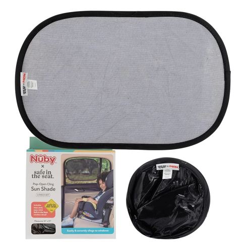 Nuby x Safe in The Seat Car Sun Shades – 2-Pack Pop-Open Static Cling Shades for Side Windows – UV Protection, Easy Install, Universal Fit – Folds Flat for Storage – 14" x 21" with Bonus Decal