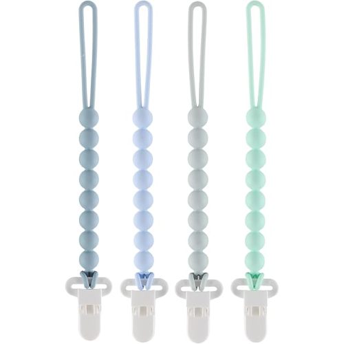 4-Pack Silicone Pacifier Clips with One-Piece Beads for Baby Boys and Girls - Flexible and Rust-Free Holders for Teething Relief and Baby Essentials, Safe for Newborns (Blue)