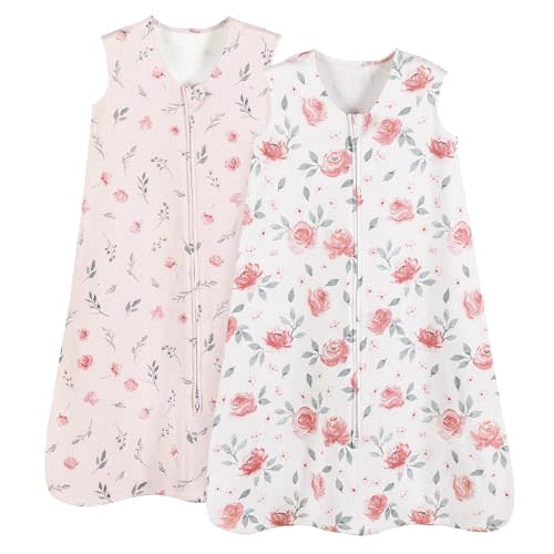 PHF 100% Cotton Baby Sleep Sack, 0-6 Months Wearable Baby Blanket, 2-Way Zipper Infant Sleeping Sack for Baby Girls, 2 Pack Comfy Small Size Sleeveless Sleeping Bags, Pink Floral