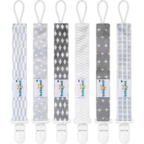 Babygoal Neutral Pacifier Clips, 6 Pack Binky Paci Holder and Leash for Boys and Girls Fits for Most Pacifier, Binkie Styles & Baby Teethers & Toys and Gift 6PS09