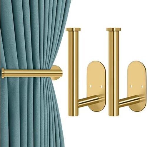 MGahyi Curtain Tiebacks, 2pcs Adhesive and Screw-in Curtain Holdbacks Curtain Holders for Wall Mounted Curtain Pull Backs, Gold Adhesive Curtain Hooks for Drapes