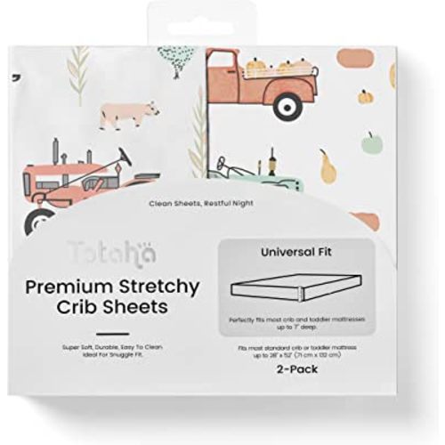 TotAha Premium Stretchy Crib Sheets (2-Pack) - Hypoallergenic, Silky Comfort, Buttery Soft, Calming Effect, All-Season Jersey-Knit Sheets, 28 X 52 X 9'' Extra Deep Pocket (Farm & Pumpkin)