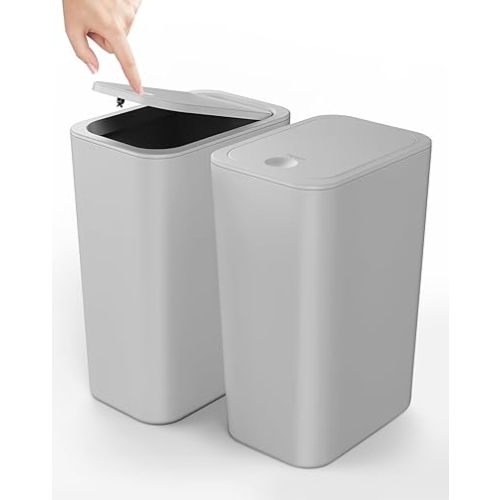 Cesun 2 Pack Bathroom Trash Can with Lid, 4.0 Gallon / 15 Liter Small Garbage Can with Press Top Lid, Plastic Wastebasket with Pop-up Lid for Toilet, Office, Bedroom, Living Room, Grey