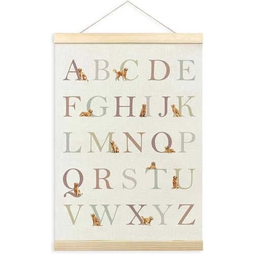 TLESKE Golden Retriever Alphabet ABC Chart Poster Hanger Frame, Homeschool Preschool Hanging Wall Art Decor for Golden Retriever Lover Kid Room Nursery Playroom, Golden Retriever Dog ABC Picture 12x16