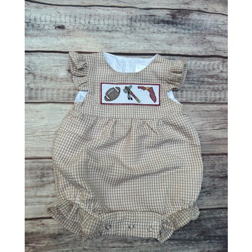 Baby Girl Tan Gingham Seersucker Bubble