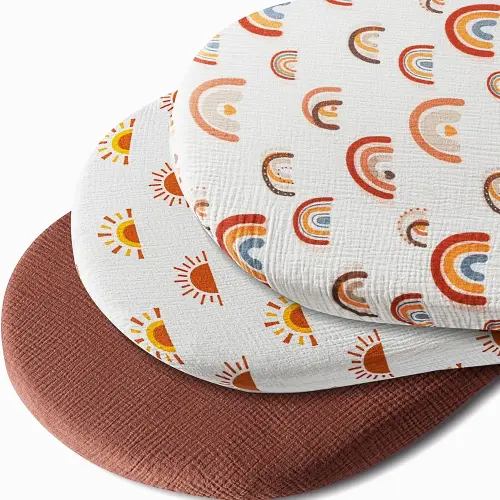 Muslin Bassinet Sheet Boho Fitted Gender Neutral Mattress Cotton Sheets for Baby Boy or Girl Soft Breathable Baby Toddler Sheets with Boho Sun and Rainbows (Bassinet Sheet)