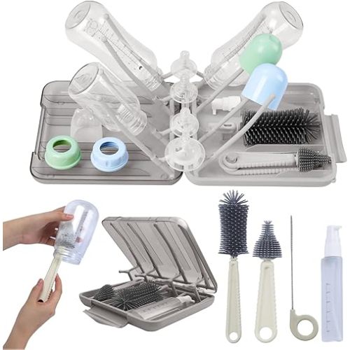 Portable Baby Bottle Cleaning Kit – BPA Free Baby Bottle Brush Set, 6 in 1 Travel Bottle Cleaner Kit with Silicone Brushes, Soap Dispenser & Foldable Drying Rack