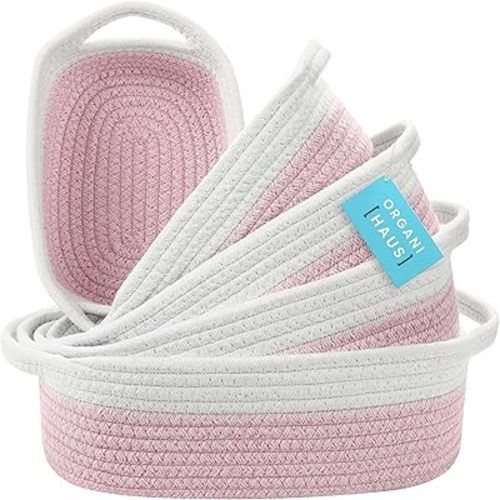 OrganiHaus Set of 5 Rectangle Storage Baskets for Organizing, Small Woven Baskets for Storage Basket for Bathroom, Nursery Storage Basket for Baby Nursery Organization, Small Organizer Bins Pink/White