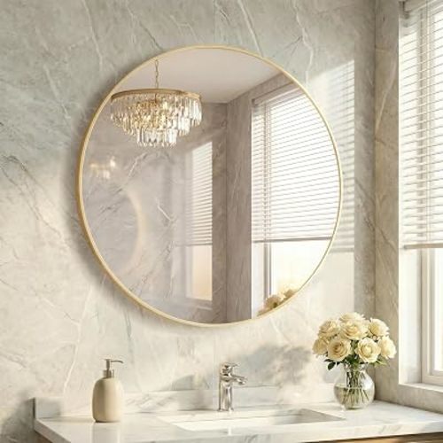 30 Inch Gold Round Bathroom Wall Mirror, Round Mirrors for Wall Decor, Circle Mirror for with HD Shatter-Proof Glass for Entryway, Living Room, Bedroom, Dressing Room, Home Decor