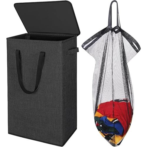 Odonata 75L Slim Laundry Hamper with Lid,Large Foldable Laundry Basket with Removable Bag and Handles Tall Collapsible Dirty Clothes Basket Great for Bedroom, Bathroom, Dorm, College,RV.(Black, 75L)