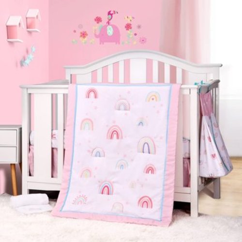 Sweet Baba Pink Rainbow Crib Bedding Set for Baby Girls, 5 PC Nursery Set Including Quilt/Skirt/Crib Sheet/Diaper Stacker/Blanket