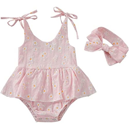 Baby Girls Daisy Playsuits Bodysuit+Headband Print Halter Romper Floral Jumpsuit Infant Onesie Summer Clothes