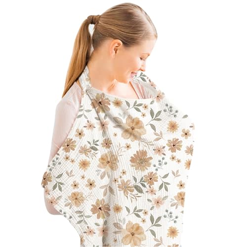 Konssy Muslin Nursing Cover for Baby Breastfeeding, Breathable 100% Cotton Breastfeeding Cover with Rigid Hoop for Mother Nursing Apron, Multi-use Carseat Canopy (Flourish)