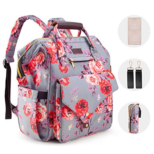 Kaome Diaper Bag Backpack, Upgraded Large Capacity Multifunction Nappy Bags, Waterproof Baby Bag Floral Insulated Sturdy Travel Maternity Back Pack for Baby Girls with Diaper Pad Bottle Bag