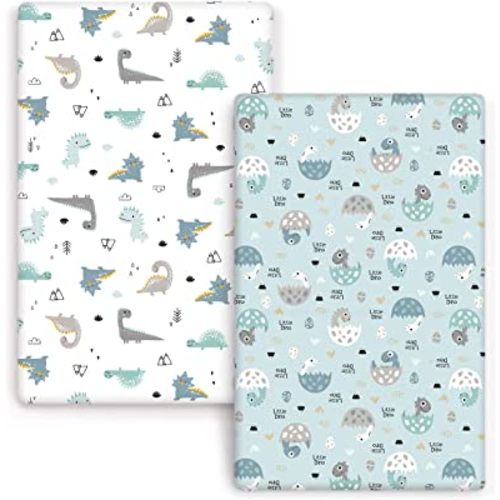 GRSSDER Stretchy Ultra Soft Jersey Knit Fitted Pack n Play Sheets Set 2 Pack, Portable/Mini Crib Sheets for Boys, Universal Fit for Pack N Plays Safe and Snug, Happy Dinosaurs for Baby