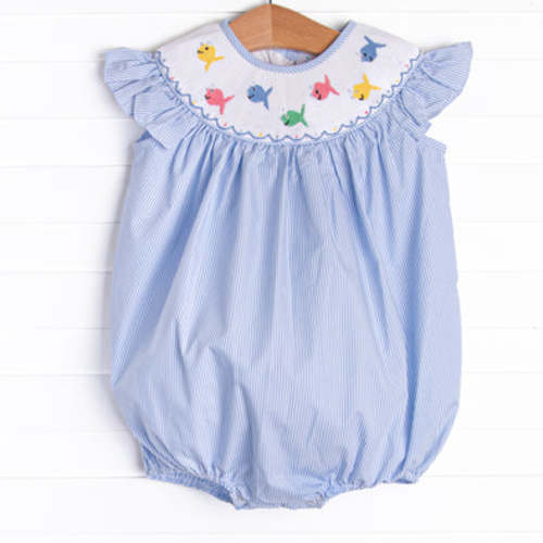 Fish Frenzy Smocked Girl Bubble, Blue – Stitchy Fish