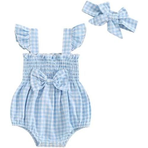 Infant Baby Girl Summer Outfit Plaid Romper Boho Short Sleeve Ruffle Bodysuit with Headband Clothes