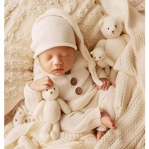 Newborn Photography Props Photo Posing Outfits,2 PCS Baby Photoshoot Outfits, (Fits for 0-20 Days and 7-10 Lbs Baby) Crochet Knitted Romper, Newborn Photography Accessories (Romper+Hat)