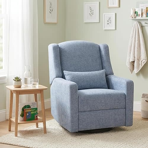 Power Nursery Rocking Chairs: 270° Swivel Rocker Recliner with Waist Pillow & USB Charging Port, Ultra Comfy Nursery Glider Recliner for Nursery Living Room and Bedroom Blue