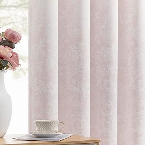 Beauoop Pink Floral Jacquard Blackout Curtains 90 Inches Long 2 Panels for Girls Bedroom Living Room Chenille Flower Room Darkening Thermal Insulated Soundproof Grommet Window Treatments Drapes, 52x90